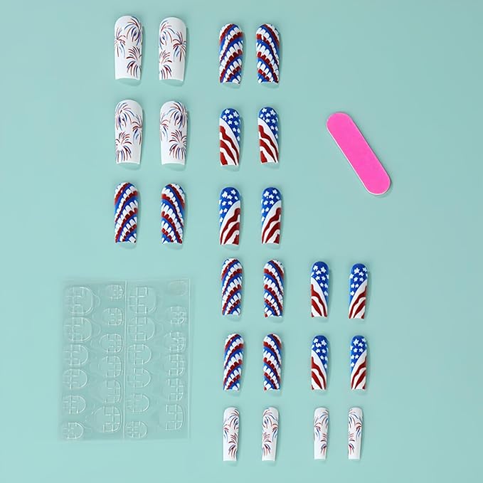 4th of July Press on Nails Long Square America Flag Fake Nails Full Cover Firework False Nails with Designs Tricolor Glossy Glue on Nails Star Acrylic Nails Manicure Artificial Nails for Women Girls