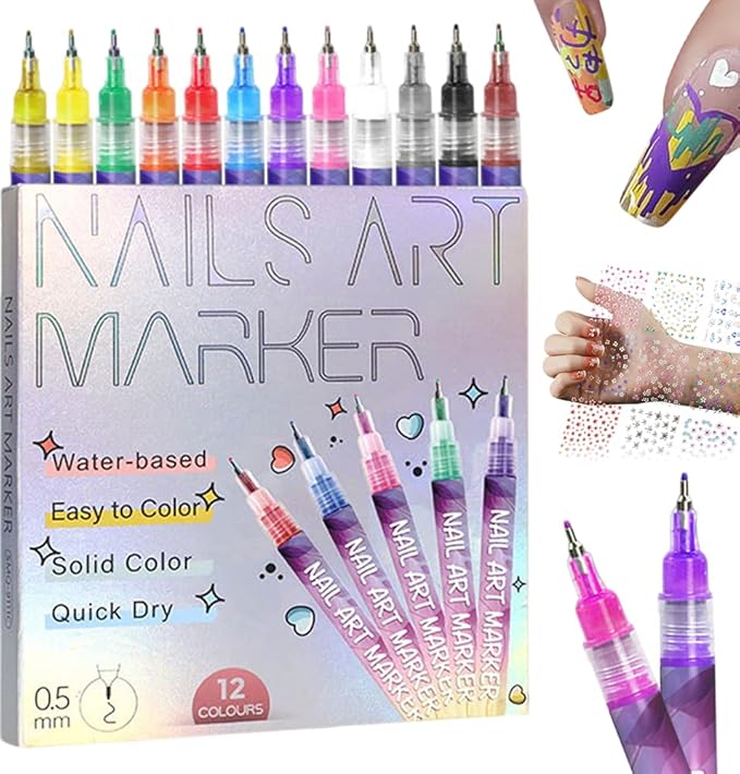 12 Colors Nail Art Pens Set, 2026 Upgraded Nail Art Markers Polish Pen Quick Dry, Acrylic Nail Art Tools for Dotting Painting Liner DIY (1 pack & 30 pcs stickers)