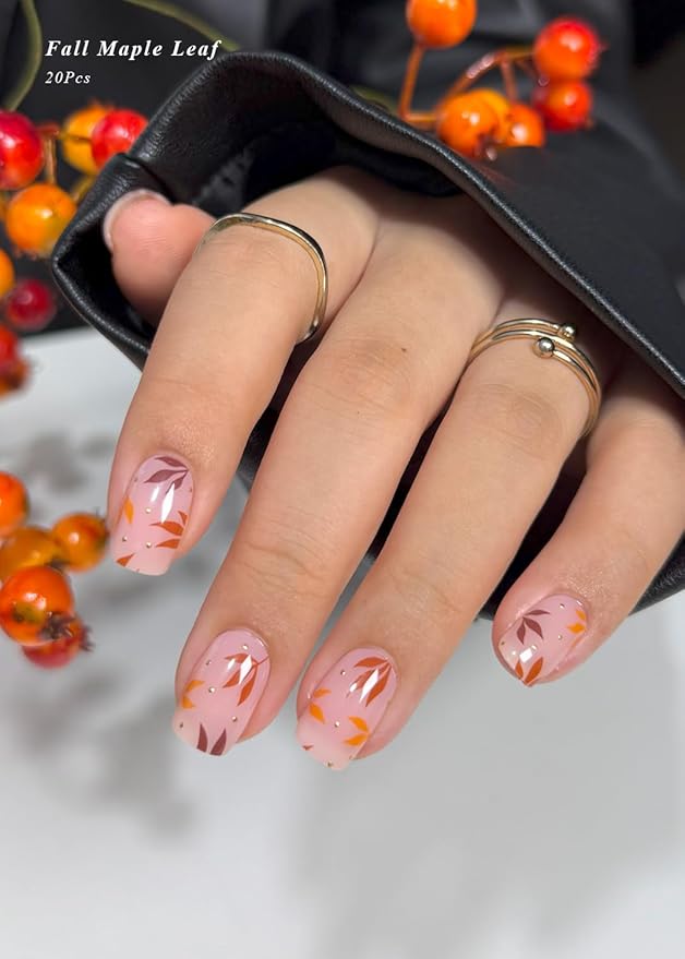 Semi Cured Gel Nail Strips (Fall Maple Leaf), Autumn Brown, 20 Pcs Gel Nail Wraps, Stickers, UV Light Required, Salon Quality, Long Lasting