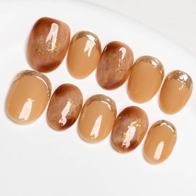 Sun&Beam Nails Handmade Press-On Short Round with Brown Amber Color Design Charm Cat Eye Cute False Nail Tips 10 Pcs (#83 M)