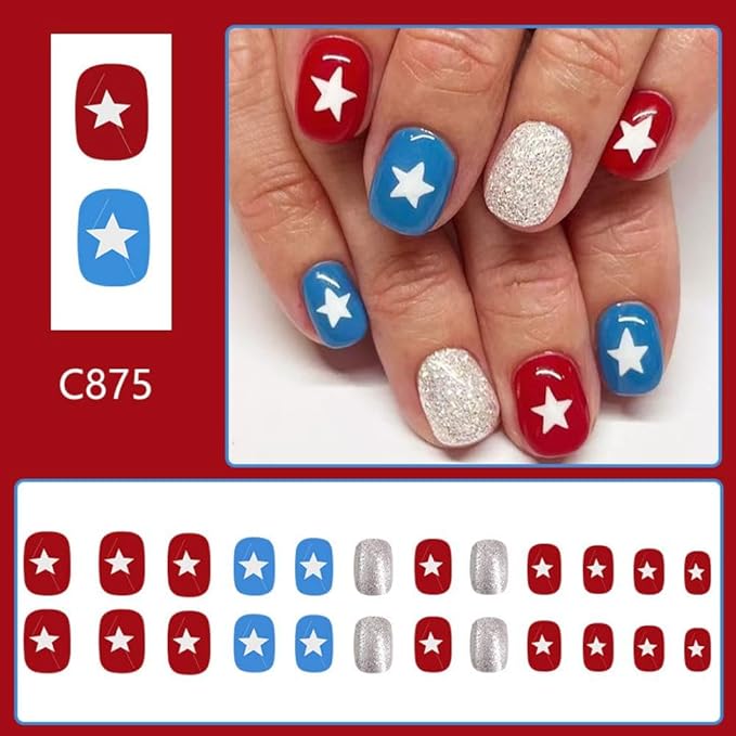 Independence Day Press on Nails Short Square Fake Nails with White Star Designs Full Cover Blue Red False Nails Glossy Glitter Acrylic Nail 4th of July Glue on Nail for Women Girls Manicure 24Pcs