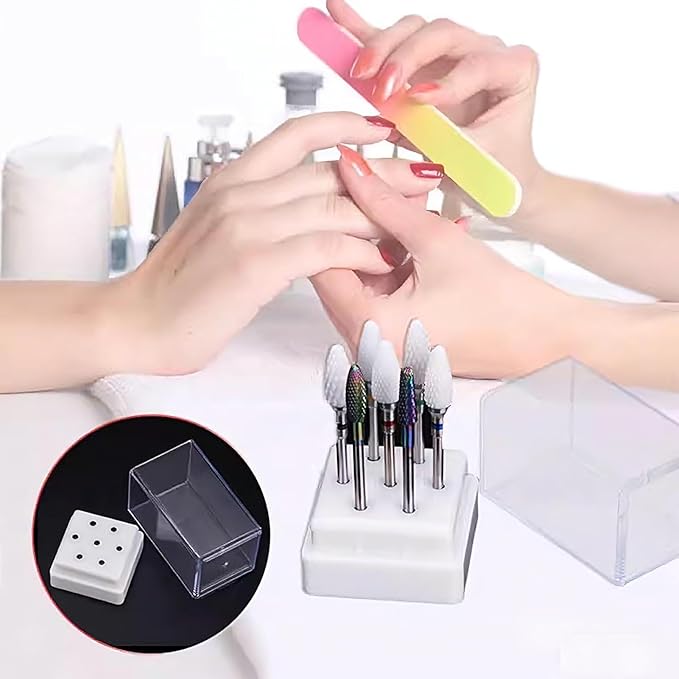 7 Holes Nail Drill Heads Bits Holder Organizer Box Container for Nail Grinding Heads Display