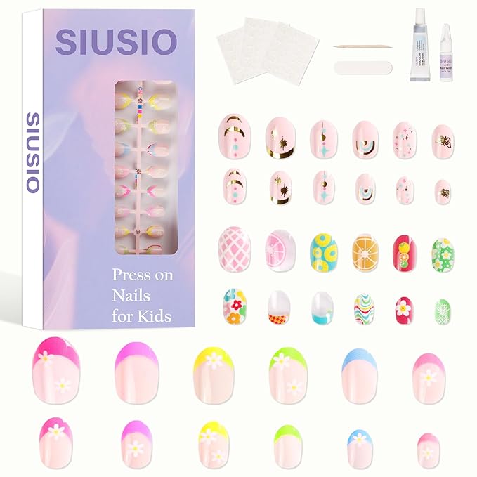 SIUSIO 3Pack Children Acrylic Fake Nails, 72pcs Press on Full Cover Daisy French Tips Short Almond False Nail Art Kits Set with Sticker Tabs Nail Glue Gel for Kids Little Girls Women - Spring Memory