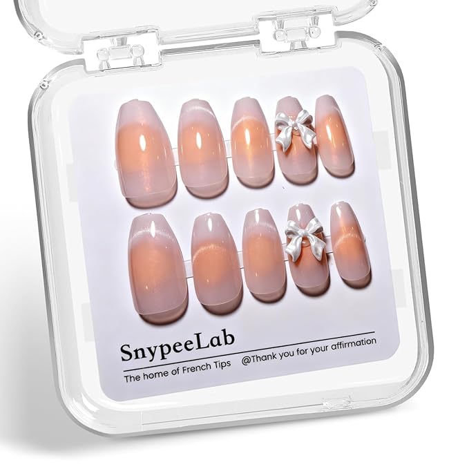 Handmade Ballerina French Tip press on nails with Cute Popular Charm Design for Women and Girls-24pcs(Cateye Butterfly)