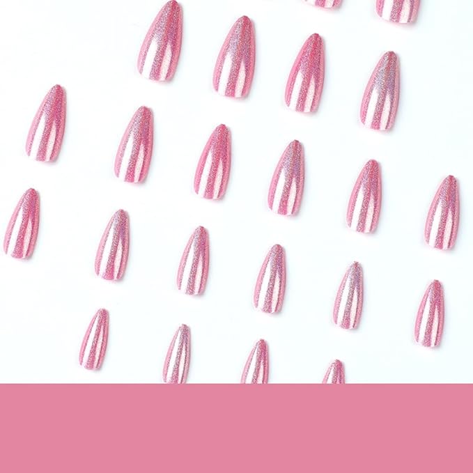 Press on Nails Almond - Medium Fake Nails with Chrome Colorful Design - Pink False Nails Press ons - for Women 24 Pcs