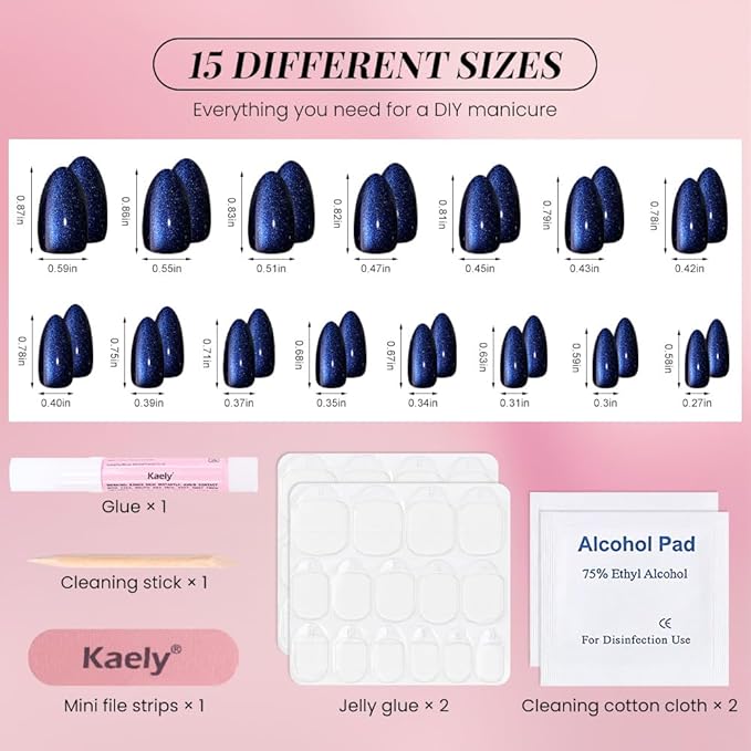 Cat Eye Press on Nails Short Almond, Sapphire Blue & Royal Blue Press on Nails Almond, Fashion Gel Fake Nails, Reusable Acrylic Fake Nails, Glossy Stick on Nails for Women, Glue on Nails Kit.