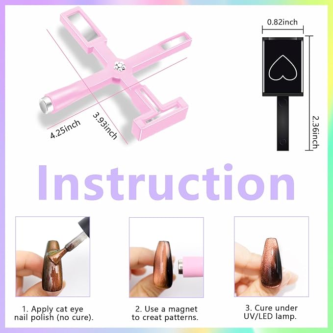 Laza Nail Magnet Set, Super Strong 5-in-1 Nail Magnet Tools with Heart Magnet for Cat Eye Gel Polish and 8 Patterned Magnetic Nail Polish Wands for 9D Galaxy Cat Eye Nail Art, Magnetic Nails