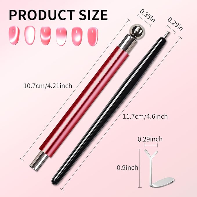 4 Pcs Cat Eye Magnet Set – Red Dual-Ended Nail Magnet With Round Bead, 2 Heart Nail Magnets for Nail Art, and Black Magnetic Bead-Pickup Pen, Magnet for Cat Eye Gel Polish DIY Nail Designs