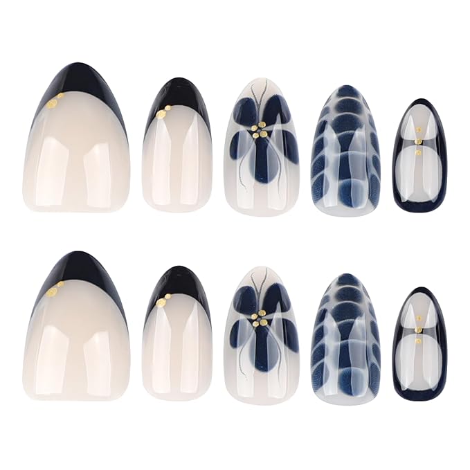 French Short Almond Press On Nails, Nude Fake Nails with Black Floral & Crocodile Texture Detail, Glossy Gel Finish Acrylic Nails, Daily/Party Reusable Glue On Nails Kit for Women, 24Pcs