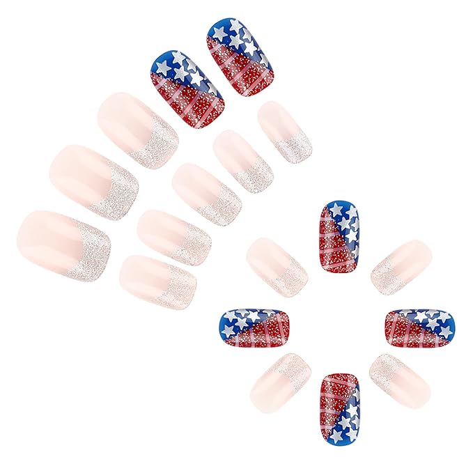 4th of July Press on Nails Medium Square Glitter French Tip Fake Nails America Flag False Nails with Star Designs Glossy Glue on Nails Nude Acrylic Nails Artificial Nails for Women Girls 24Pcs