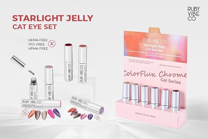 RUBY VIBE CO Starlight Jelly Cat Eye Gel Nail Polish Set, Magnetic Light Play, HEMA-FREE, Glass Shine Finish, HEMA-FREE, TPO-FREE, HPMA-FREE, Soak-Off UV/LED Gel Polish, 0.27 Fl Oz (Pack of 6)
