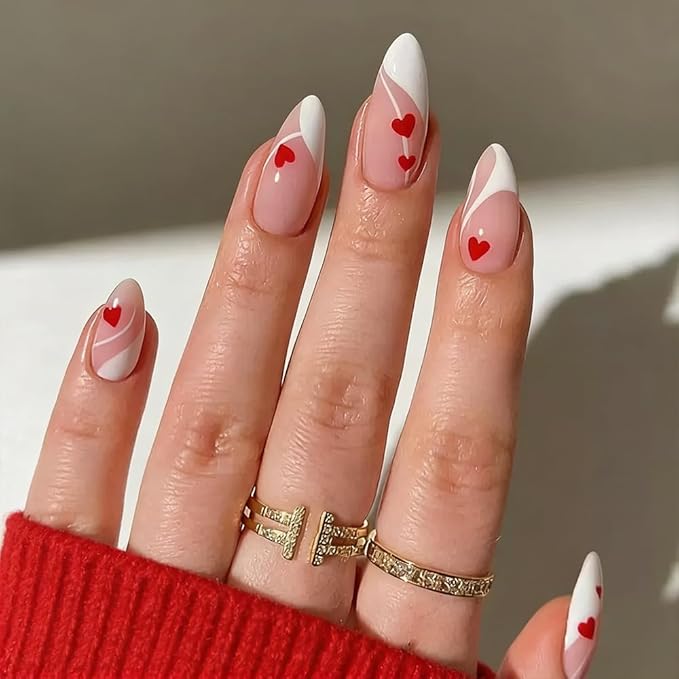 Valentines Day Press on Nails - Red Love Heart Fake Nails - Almond False Nails Press ons - French Tip Acrylic Glue on Nail - Artificial Stick on Nail for Women Manicure 24 Pcs