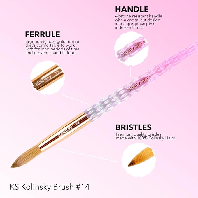 Kiara Sky Acrylic Brush #14 - Pink | 100% Pure Kolinsky | Crystal Cut Handle and Acetone Resistant