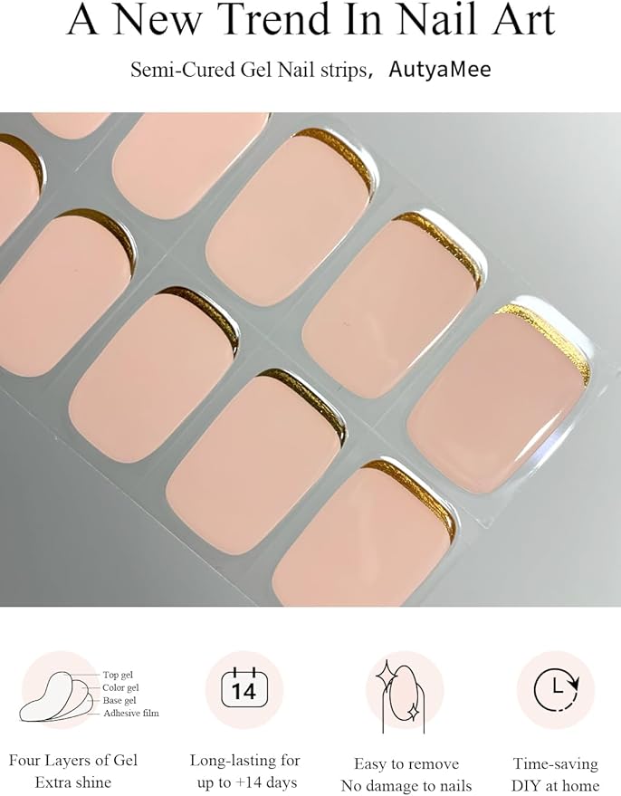 Semi Cured Gel Nail Strips (Gold End), Gold Foil Line Design, Nude, 20 Pcs Gel Nail Wraps, Stickers, UV Light Required, Salon Quality, Long Lasting