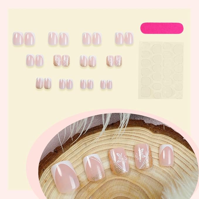Press on Nails Square Short Spring Fake Nails Press ons White French Nail Tips Artificial Acrylic Kit Full Cover False Nails with Butterfly Glitter Design Stick on Nails for Women 24Pcs