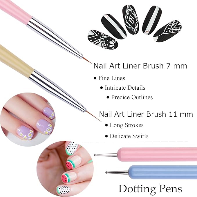 11pcs Nail Art Brushes, Nail Art Liner Brush Set, Dotting Tools, Drawing Pen, Striping Brushes for Long Lines, UV Builder Gel Brush Manicure Design Set