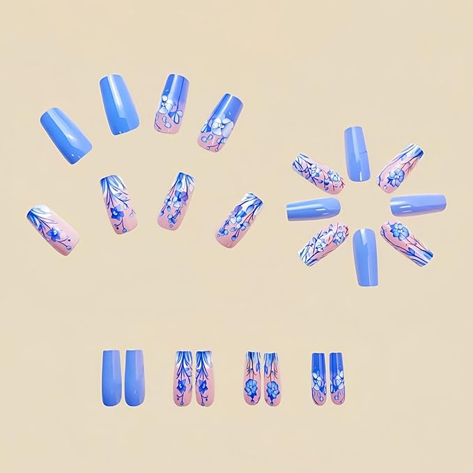 Blue Press on Nails Medium Square Fake Nails Floral False Nail for Women Glossy Acrylic Nails Spring Glue on Nail Blue Flower Stick on Nails Fake Nails Manicure Kit 24Pcs