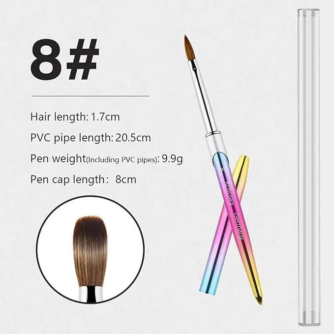 100% Pure Kolinsky Acrylic Nail Brush Size 8, Hair Acrylic Chrome Ombre Colorful with Silver Ferrule Round Shaped for Women Girls Manicure Tools Nail Accessories