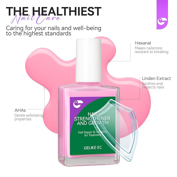 Nail Repair Protein for Thin Nails: Gelike EC 6 in 1 Natural Nail Strengthener Hardener Extra Strong and Growth - Long Lasting Polish and Fast Dry for Damaged Weak Splitting Treatment（(Pink 15ml)