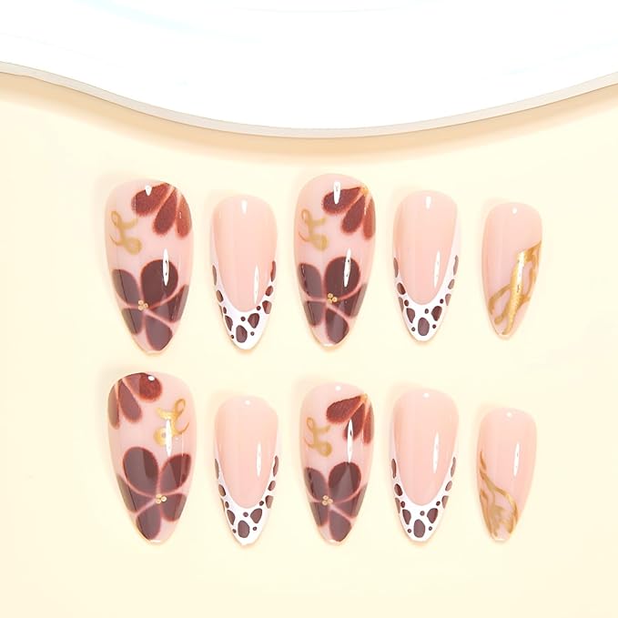 Leopard Print French Tip Press on Nails Medium Almond Fake Nails Brown Flower Nails Press Ons Fall Glossy False Nails Nude Glue on Nail Gold Line Stick on Nail for Women Decoration Set 24Pcs