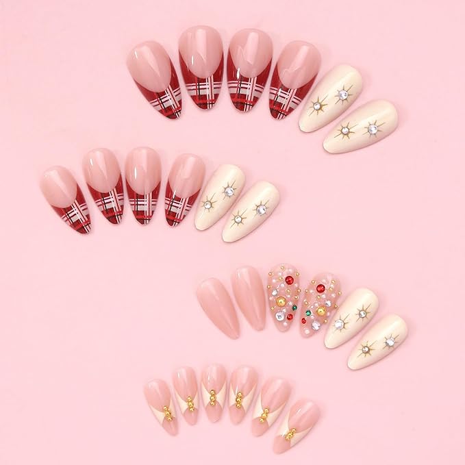 Christmas Press on Nails Medium Almond Fake Nails Plaid Red False Nails Press ons White Rhinestones Glue on Nails Acrylic Artificial Stick on Nail Reusable for Women Nail Manicure 24Pcs