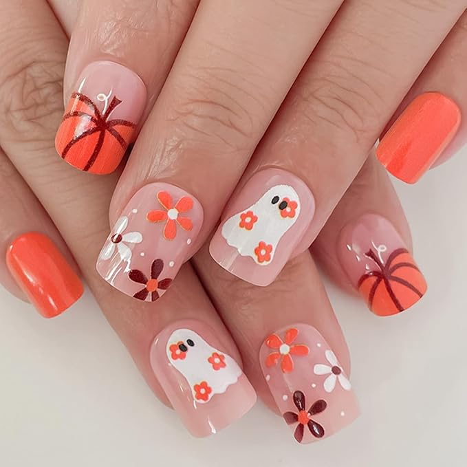 6 Packs (144 Pcs) Halloween Press on Nails Short Square Fake Nails with Designs Pumpkin Ghost Spider Glue on Nails Full Cover Glossy Acrylic Stick on Nail for Women Girls Manicure