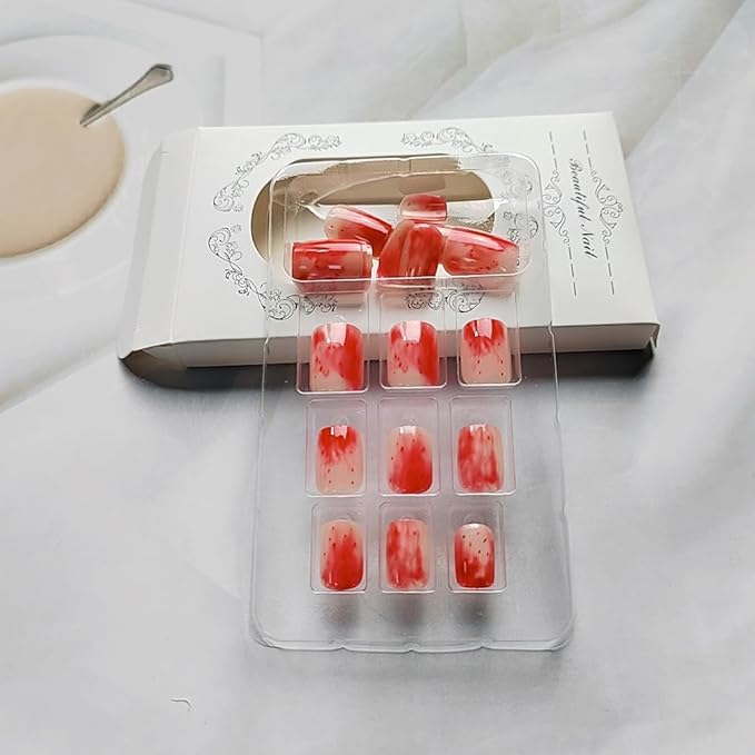 Press on Nails Square Short Fake Nails Press ons Nail Art Tips Artificial Acrylic Nail Set Full Cover False Nail with Red Apple Gradient Designs Stick on Nails for Women 24Pcs