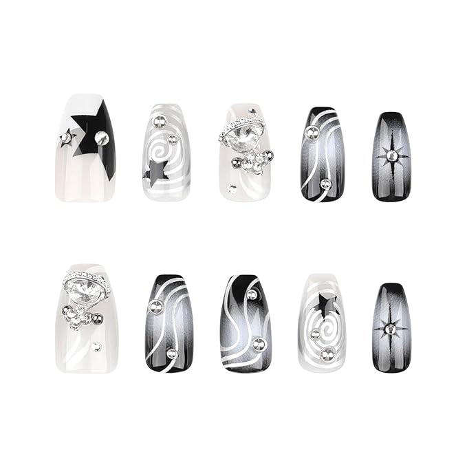 RTKHFZE Press on Nails Medium Coffin Fake Nails Black Gradient Acrylic Press on False Nails with y2k Planet Flash Diamond Artificial Press on Nails with Design Stick on Nails for Women