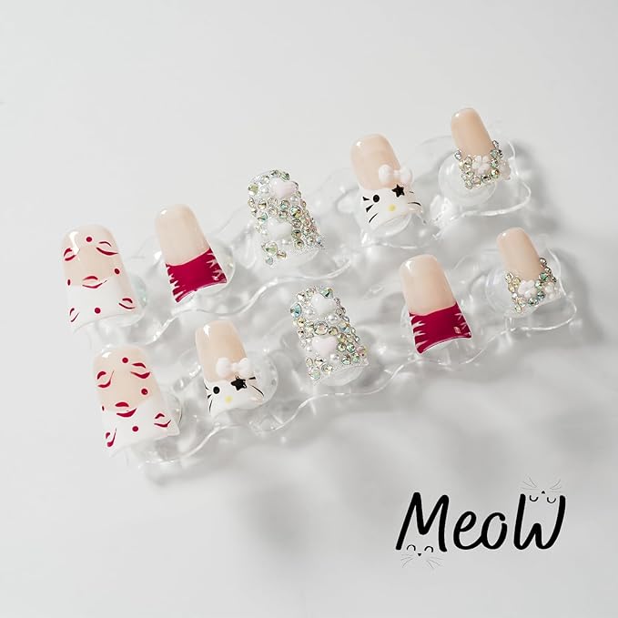Handmade Press on Nails Short Duck Kawaii Red French Tips, 3D White Bow & Heart Charms, Luxury Bling Rhinestone False Nails, Reusable Full Cover for Nail Art (Cute Kitty Sweet Glam,L)