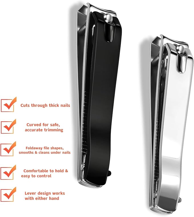 Large Nail Clippers 2-Pack, Sharp Stainless Steel Fingernail & Toenail Trimmers with Nail File, Manicure Kit Fingernail Tools for Men & Women, Black and Silver Color