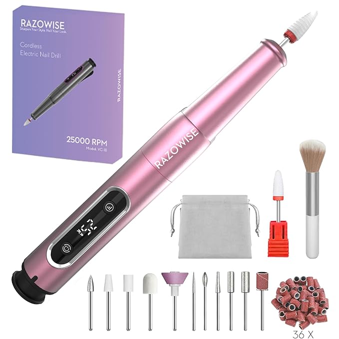 Portable Electric Nail Drill File 5 Speeds 12 in 1 with LED Display Rechargeable Professional Efile for Natural Acrylic Gel Powder Manicure Pedicure Nails, Pink