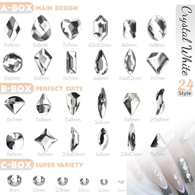 3 Boxes Silver Clear Nail Rhinestones 240 Multi-Shapes Crystal White Big Gems Stones Flatback Round Beads Glass Crystals Nail Art Charms for Arylic Nails Face Eyes Makeup Tumblers Bottles Shoes