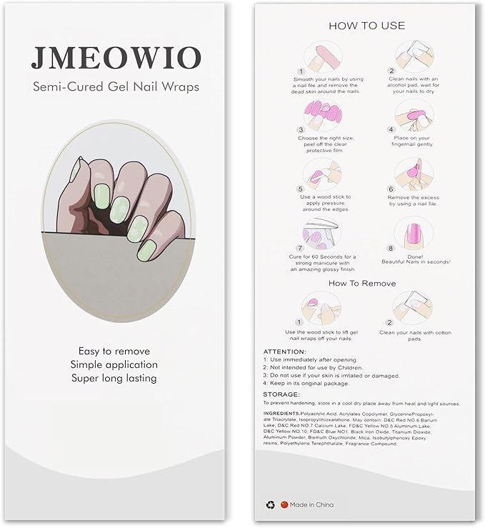 JMEOWIO Gel Nail Stickers White Flower Light Green Semi Cured Gel Nail Strips Wraps UV/LED Nails Art Design Decoration Accessories