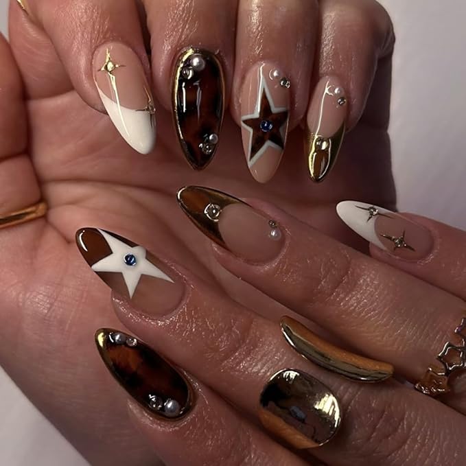 Y2K Press on Nails Short - Almond Shape Pentagram False Nails, Tortoise Shell Fake Nails Press ons with Pearl & Rhinestone Designs, French Tips Glue on Nails for Women Manicure 24Pcs