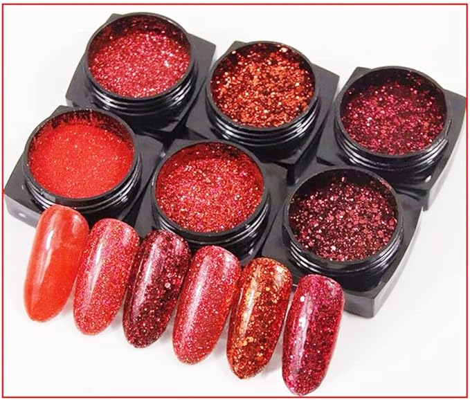 Red Nail Art Glitter Sequins Red Crystal Diamond Sparkly Nail Powder Valentine's Day Nail Supplies New Year Wedding Shiny Nail Flakes for Women Girls Holographic Manicure Tips Charms Pigment 6 Boxes