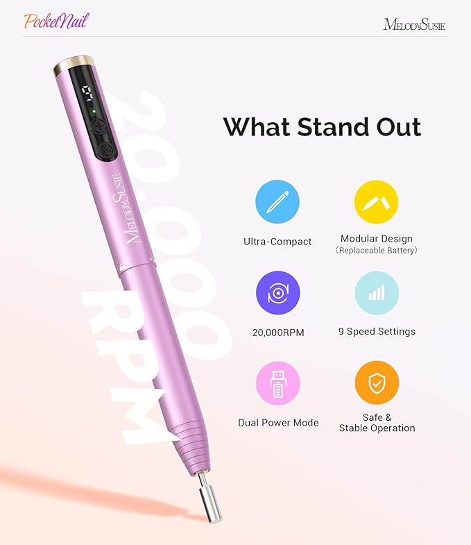 MelodySusie PocketNail Pen-Shaped Cordless Modular Nail Drill, PC100GR 20000RPM Slim Portable Rechargeable Electric File for Manicure Pedicure Nail Care, Shaping & Gel Removal at Home for Beginners