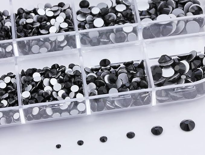 Over 2100 Pieces Jet Black Flat Back Glass Rhinestones Crystals for Nail Art Kit 6 Sizes (1.4mm - 4.8mm)