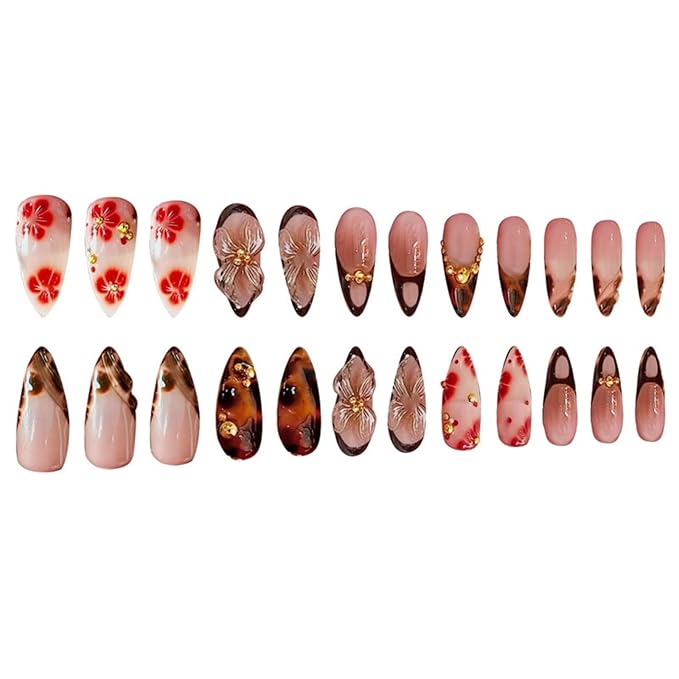 Almond Press on Nails Long Fake Nails Brown Artificial Nail with Tortoise shell and Gold Charm Designs Summer and Fall Cute Acrylic Press ons Red Flowers Handmade Nail 24pcs