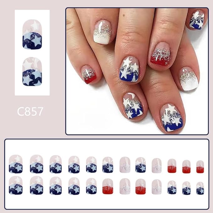 Independence Day Press on Nails Short Square False Nails with Star Designs French Fake Nails Glossy Red Blue Artificial Nail Glitter 4th of July Acrylic Nail for Women Girls Manicure 24Pcs