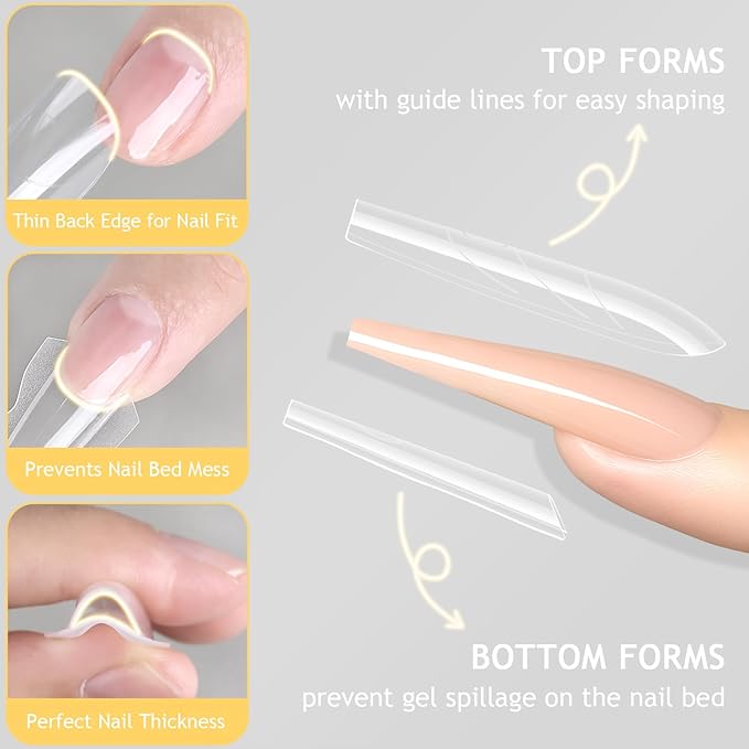 Sandwich Dual Nail Forms, 15 Sizes Long Coffin Top and Bottom Dual Forms for Builder Gel, Reusable Acrylic Nail Extension Molds with Guide Lines, Professional Manicure Supplies (Coffin)