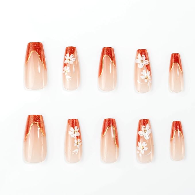 Square Press on Nails Long Fake Nails Red Artificial Nail Seeneey Floral Designs French Stick on Nail for Women 24pcs