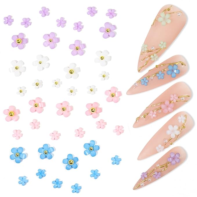 3D Flower Nail Charms for Nails Colorful Flowers Flatback Nail Rhinestones Pink White Black Blue Acrylic Flower with Round Pearls Gold Silver Beads Nail Art Supplies Manicure DIY Nail Decorations