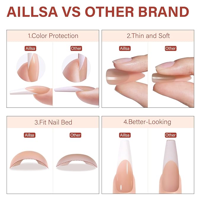 AILLSA French Gel Nail Tips, 180 Pcs French Tip Press On Nails Long Coffin Brown, Pre-Applied Primer & Base Coat, No Need File, Soft Nail Tips, Fake Nails for Nail Art DIY 15 Sizes