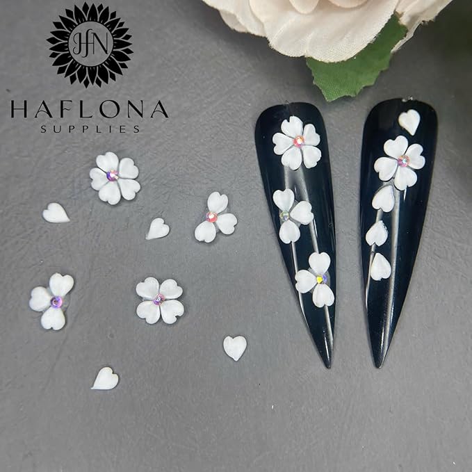 Set White 3D Flowers for Nails, Handmade 3D Acrylic Flowers for Wedding Nails, Valentine Flower Nail Charms Rhinestones Gems by Acrylic Powder Design Deco Nail Art Women Girls (White Heart)