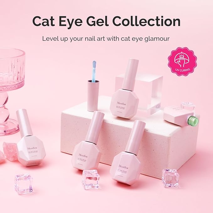 MelodySusie Macaron Pink Blue Cat Eye Set Cat Eye Gel Nail Polish Set 6 Pcs, 0.26 Fl Oz Glitter Holographic Magnetic Nail Polish with Magnet, UV Nail Polish for Nail Art Manicure Salon DIY at Home