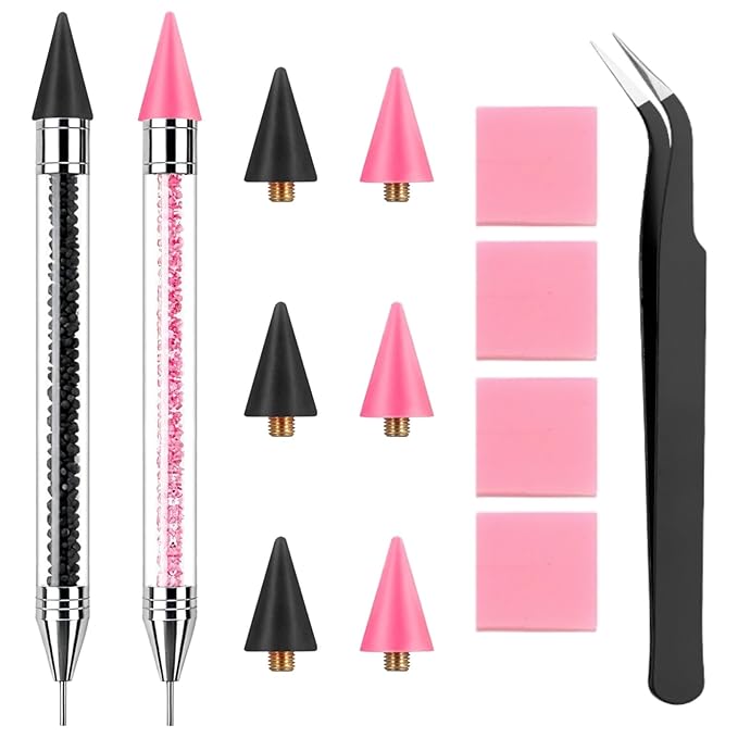 2 Pack Rhinestone Picker Tool Dotting Pen with 6 Wax Tips, Wax Pencil for Rhinestones with Tweezers, Gem Picker Pen Diamond Jewel Applicator, Rhinestone Tools Kit for Bedazzling DIY Nail Art