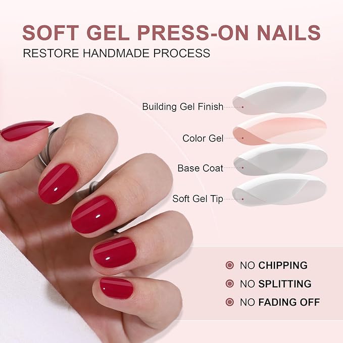 30 Pcs Short Almond Shaped Soft Gel Press on Nails Solid Color Fake Nails Designs Glossy Red Acrylic Nails with Nails Glue Full Cover Salon Quality Thickened Stick on False Nail Kits for Women