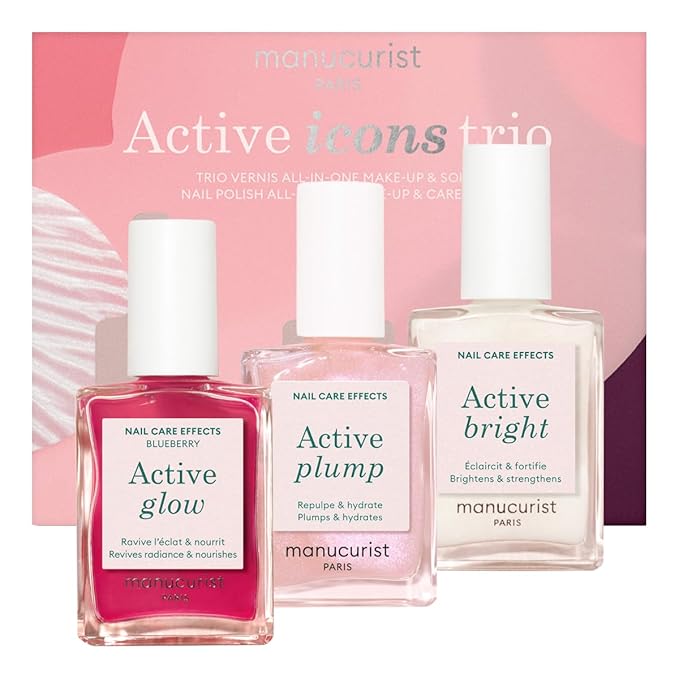 Manucurist Active Icons Trio Set - Active Glow Blueberry, Active Shine, Active Plump Nail Polishes - Nail Strengthener - Brightening Treatment Polish & Care - Gift Box