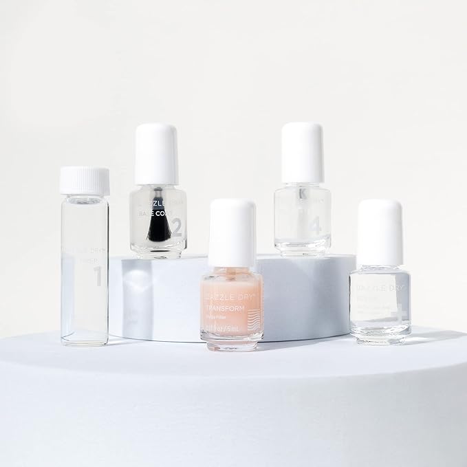 Dazzle Dry Complete Starter Mini Kit | Step 1 - Nail Prep, Step 2 - Base Coat, Step 4 - Top Coat, Transform - Ridge Filler & Revive - Polish & Top Coat Thinner. (Pack of 2)