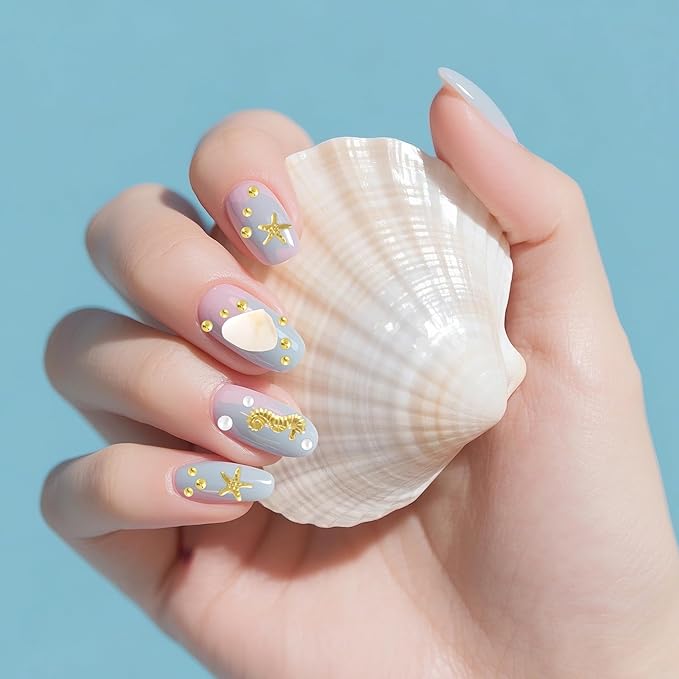 2 Boxes Ocean Nail Art Charms, 3D Metal Nails Stickers, Beach Starfish Seashell Decals Manicure DIY Embellishments for Women- Gold & White